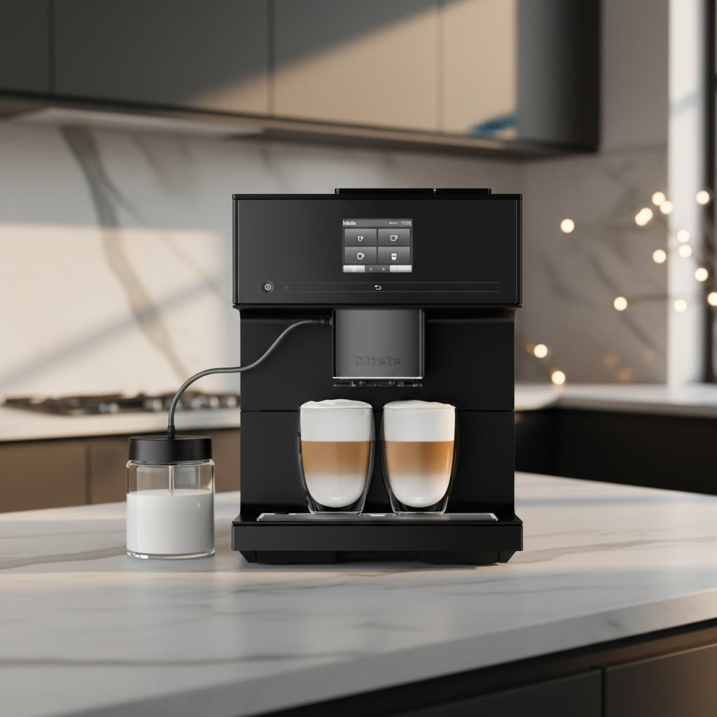 Black Miele coffee machine with two glasses of cappuccino and a milk container