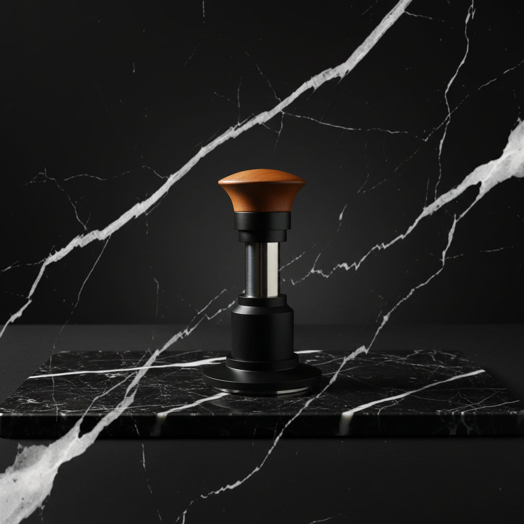 A coffee tamp with a brown wooden handle, black plastic collar, and stainless steel shaft, resting on a light wood tabletop against a white wall.