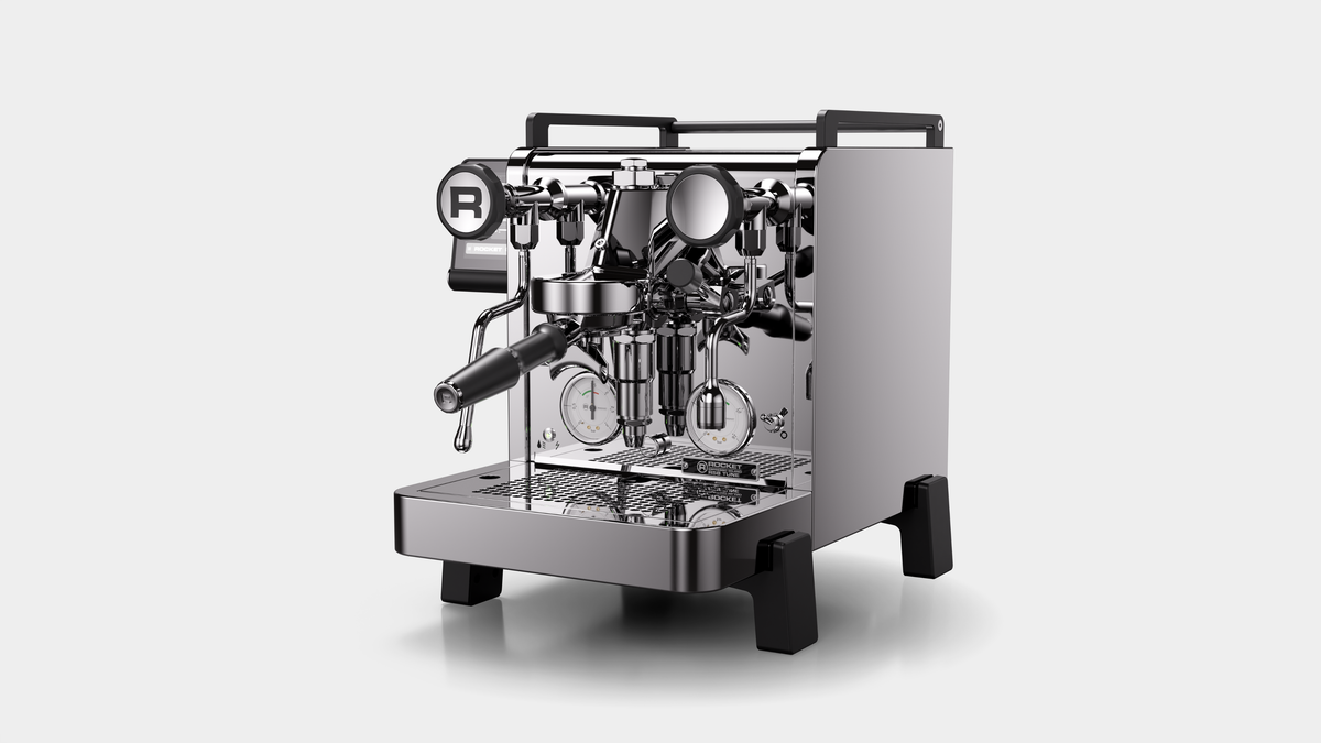 Rocket R58 TUNE espresso machine in chrome — official three-quarter view
